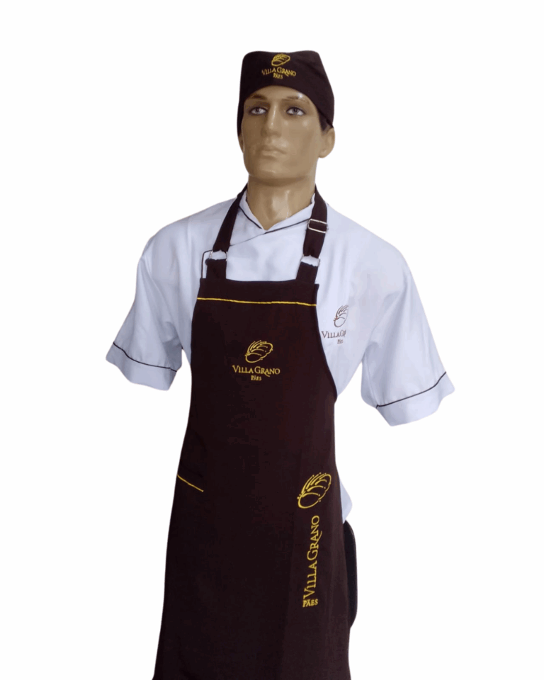 02 – Camisa chef manga curta, avental frente única, bandana