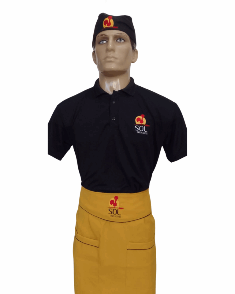 04 - Camiseta polo manga curta dryfit, avental meia cintura, bandana